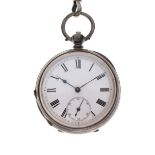 White metal open-face pocket watch, white Roman dial with subsidiary at VI, back-wound movement,