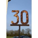 Railway Interest - Large railway track-side '30' sign, 220cm high Condition: Heavy signs of rust