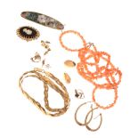 Assorted jewellery to include Italian silver gilt necklace, coral boulder necklace, sundry ear studs