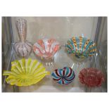 Murano Glass - Collection of latticinio decorated glass comprising vase and five dishes, unmarked,