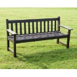 Modern teak garden bench/seat, 158cm wide Condition: Structurally sound - **Due to current