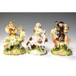 Two Derby figures - Tailor and Wife on goats, together with another Derby figure, 15cm high and