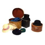 Moleskin top hat by Christy's, London, bowler hat by Tress & Co, together with a small collection of