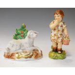 Continental porcelain model of recumbent sheep, together with porcelain figure of a young child