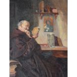 Oil on canvas - A Monk reading beside a desk, 22cm x 17cm, framed and glazed Condition: Scratches to