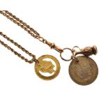 Yellow metal rope link long guard having '15ct' tag, attached two coins and a fob, 49.1 g gross