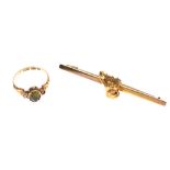 15ct gold, peridot and seed pearl dress ring, size I, together with a yellow metal bar brooch