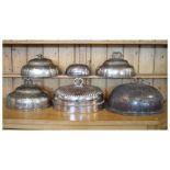 Six silver plate meat hoods to include three with engraved armorial, quantity of meat hood