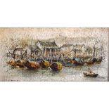Hong Kong School - Oil on canvas - Quayside scene, indistinctly signed, together with a group of