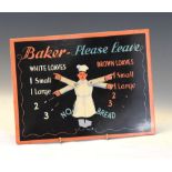 Small vintage 'Baker - Please Leave' tin sign with adjustable arms for orders, 18.5cm x 23.5cm