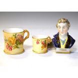 Royal Worcester - Two ivory blush mugs, together with a porcelain bust of the Duke of Wellington,