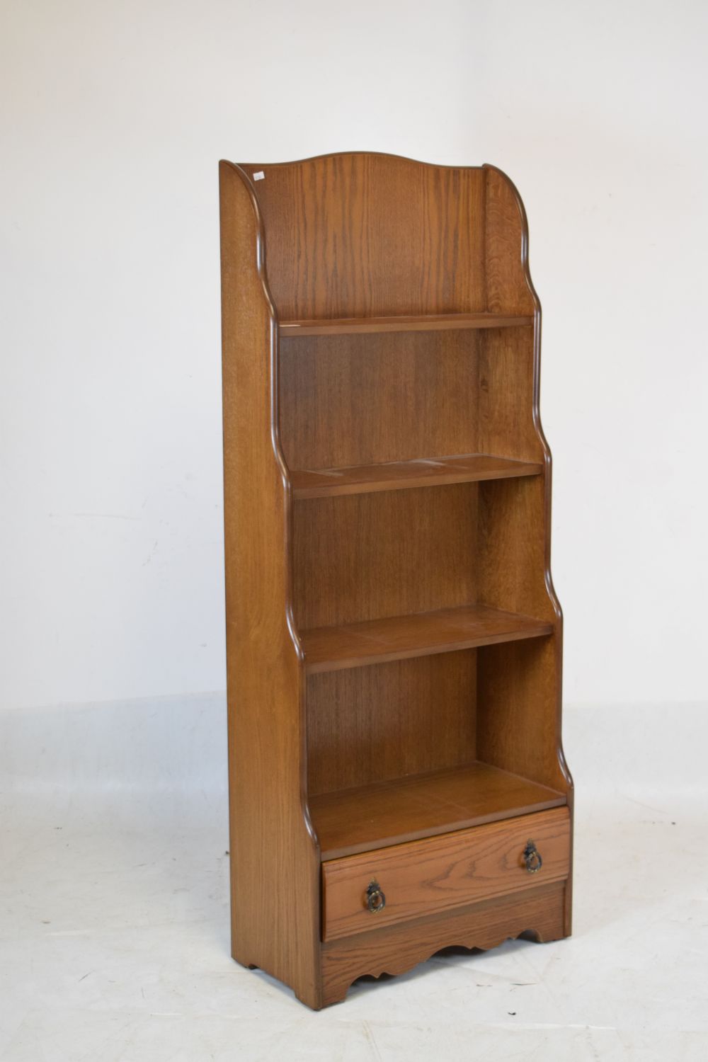 Grangemoor oak waterfall bookcase fitted one drawer to base, 61.5cm x 30cm x 153cm high Condition: - Image 5 of 5