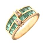 Yellow metal, emerald and diamond dress ring, shank stamped 585, size N, 5.4g gross approx