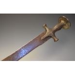 19th Century Indian sword, Tulwar, slightly curved blade 30.5", iron hilt with silver koftgari