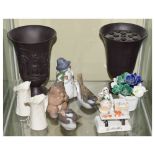 Mixed lot of British and Continental ceramics to include two Wedgwood black basalt vases, pair of