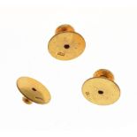 Three yellow metal collar studs to include a pair, all stamped 9ct, 3.3g approx Condition: General