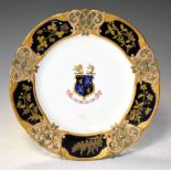 Royal Worcester - Armorial decorated cabinet plate with pierced border, green printed mark verso,