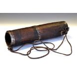 Bamboo water carrier having three metal bands and leather strap, 34cm high Condition: General