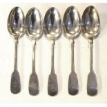 Set of five Victorian silver Fiddle pattern dessert spoons, London 1853, 255g approx Condition: Each