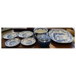 Quantity of 'English Scenery' blue and white transfer ware, together with a flow blue covered jar,