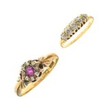 18ct gold, ruby and diamond cluster ring, size R, together with another 18ct gold ring set five