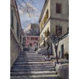 20th Century watercolour of Mediterranean steps scene, 33.5cm x 26cm Condition: **Due to current
