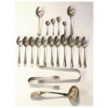 Quantity of silver flatware to include; George IV silver toddy ladle, Edinburgh 1829, sugar tongs,