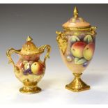 Later 20th Century Coalport covered pedestal vase, gilded and painted with fruit; together with a