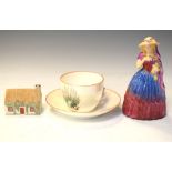 WH Goss - Model of Manx Cottage, cup and saucer 'From Seaton', and a figure 'Annette', 14cm high and