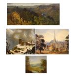 Three oil paintings of landscapes, and a framed watercolour Condition: Frames have chips, scratches