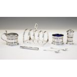 George V three-piece silver cruet set with blue glass liners, Birmingham 1927, George V silver toast