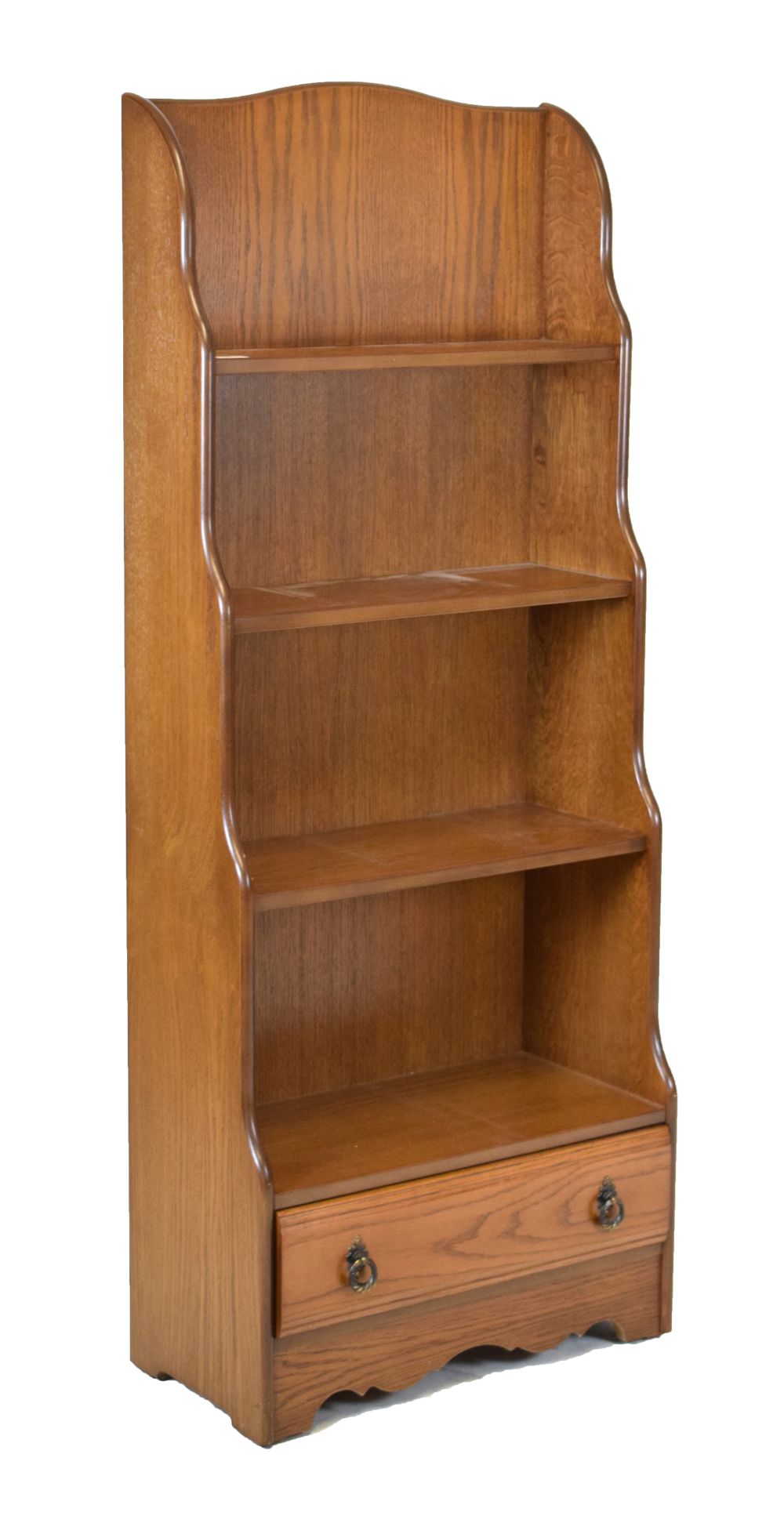 Grangemoor oak waterfall bookcase fitted one drawer to base, 61.5cm x 30cm x 153cm high Condition: