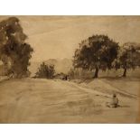 Denys G. Wells - Black and white watercolour - 'Wimbledon Common', 24cm x 36cm, framed and glazed