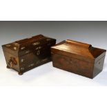 19th Century rosewood and mother-of-pearl inlaid sarcophagus tea caddy, the interior with cut