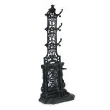 Green painted cast metal hallstand, central panel with hooks, foliate scroll decoration, 180cm