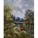 Large oil on canvas - Boat and lake scene, 61cm x 50cm, together with another oil on canvas -