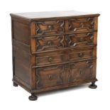 Charles II-style oak geometric chest of drawers, 95cm high x 95cm wide Condition: General scuffs and