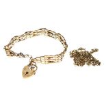 9ct gold gate-link bracelet with heart-shaped padlock, together with a 9ct gold belcher-link fine