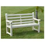 Cream painted teak garden bench, 151cm wide Condition: Structurally sound but there does appear to