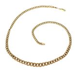 9ct gold curb-link necklace of graduated design and alternating polished and textured links, 45.