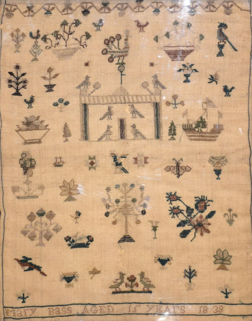 Needlework sampler worked in petit point by Mary Bass, 1838, 42.5cm x 34cm Condition: Some holes