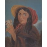 19th Century British School - Naive study of a gypsy girl holding playing cards, oil on panel,