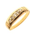 Yellow metal and five-stone diamond dress ring, shank stamped 18ct, size L, 2.6g gross approx