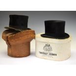 Mole skin top hat by Tress & Co, London, in card box, together with Victorian moleskin top hat in