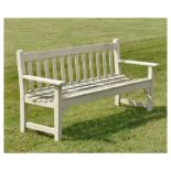 Cream painted teak garden bench, 158cm wide Condition: Structurally sound but there does appear some