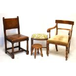 Oak single chair, having hide seat and back, together with two stools, and another arm chair