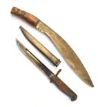 Military type kukri, traditional blade 34cm, wooden hilt, end missing, together with a bayonet,