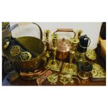 Quantity of brass and copper to include miners lamp, candlesticks, copper kettle etc Condition: Some