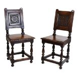 Pair of 19th Century oak hall chairs with monogrammed backs Condition: Both with areas of in filling