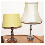 Oak barley twist table lamp, 36cm high, together with metal example, 52.5cm high Condition: Both